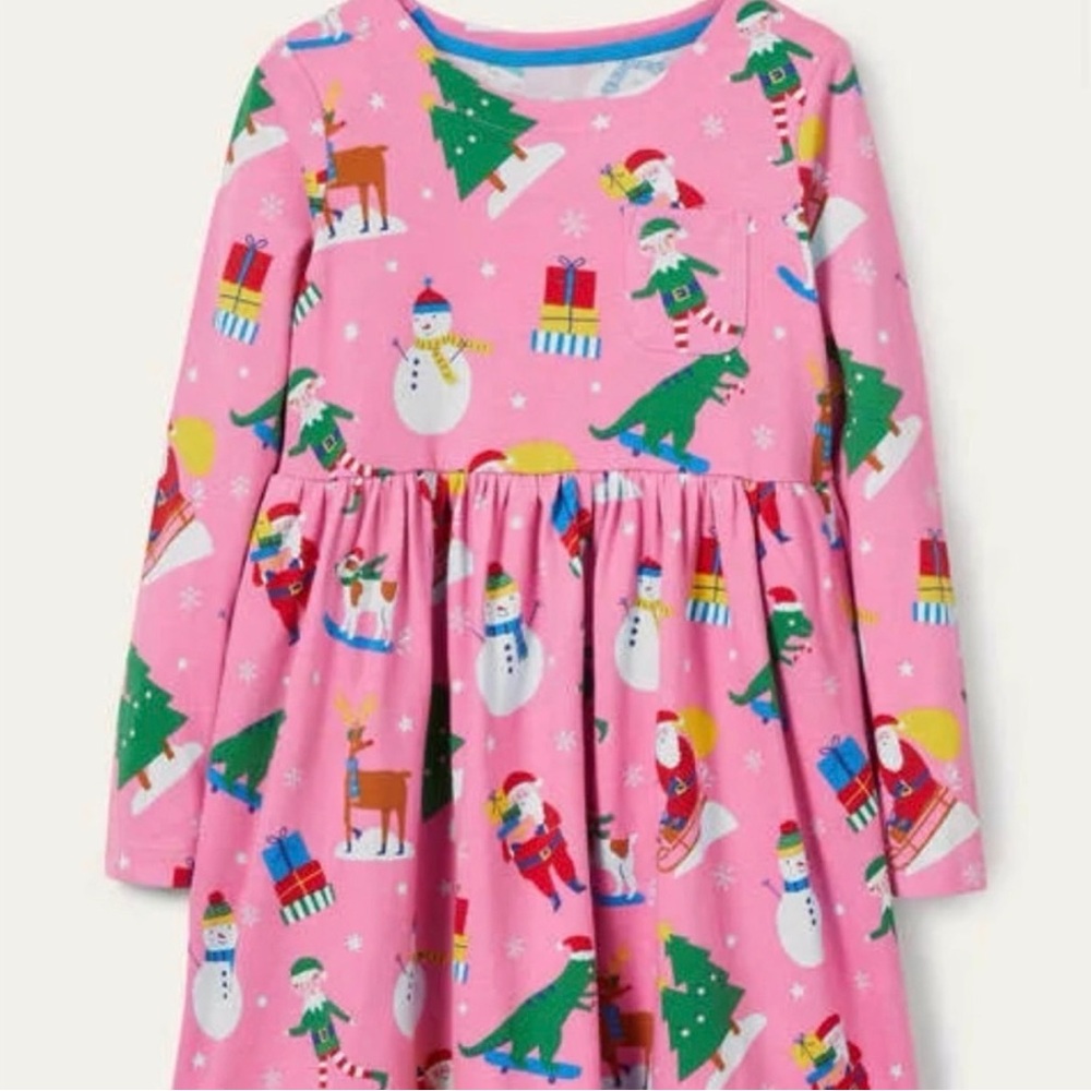 Mini Boden Long Sleeve Festive Fun Jersey Dress-Petal Pink Festive Friends 5-6y